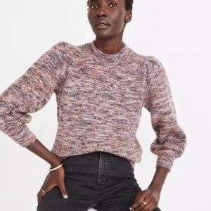 Madewell Space-Dyed Marble Confetti Pink Eaton Puff-Sleeve Pullover Sweater